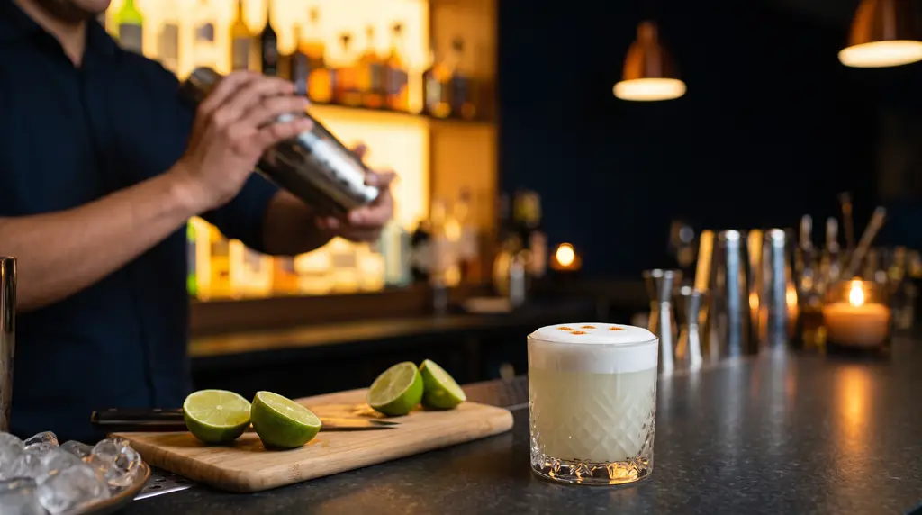 Un pisco sour recién servido en la barra