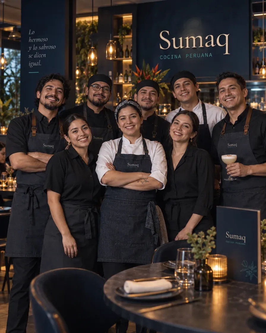 El equipo de Sumaq, de cocina y de sala, frente al letrero del salón