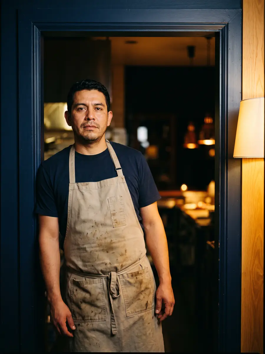 Julio, con el delantal puesto, en la puerta de la cocina de Sumaq