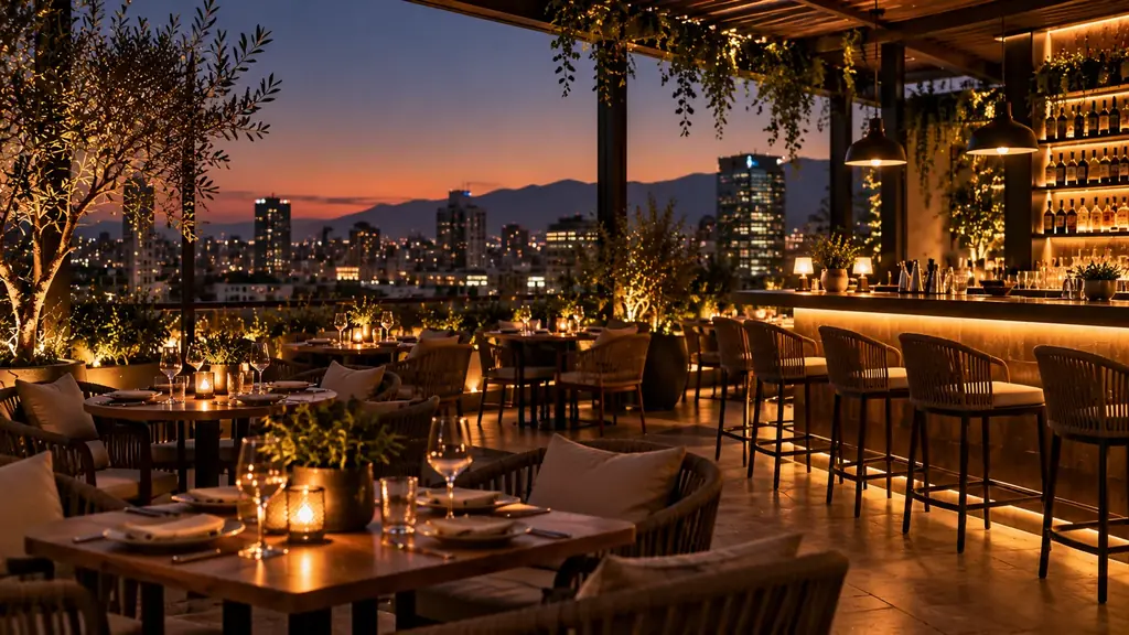 La terraza, con mesas bajo las parras y la ciudad detrás