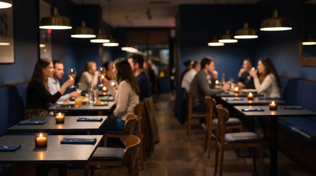 El salón de noche, con las mesas puestas y gente comiendo